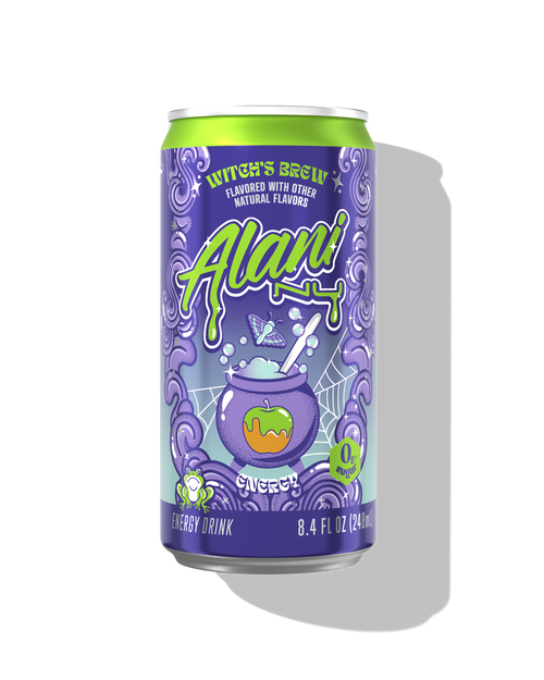 The front view of a sugar-free 8.4oz can of Witch's Brew Alani Nu Mini Energy, flavored with other natural flavors.