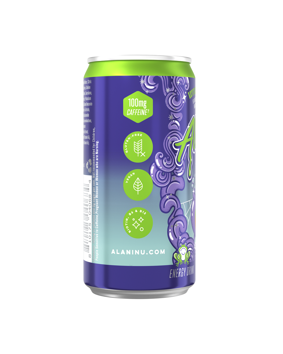 The side view of a Witch&#39;s Brew Mini Energy Drink, gluten-free, vegan, and made with B vitamins and 100mg of caffeine per serving.
