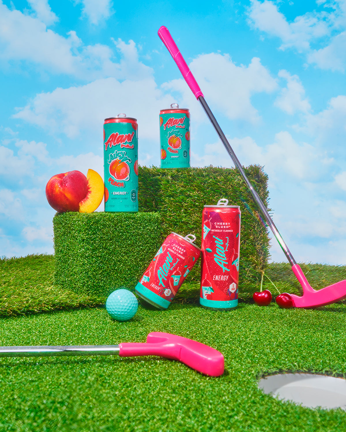 A set of golf clubs next to Mini Energy in Cherry Slush and Juicy Peach flavor.