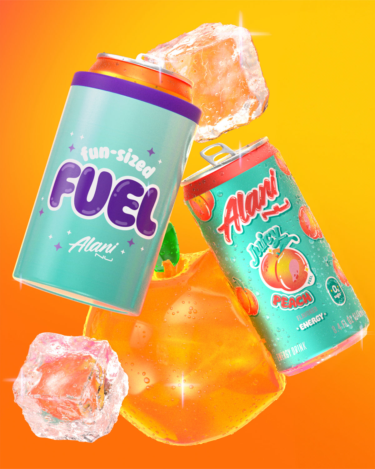 One mini can of Alani Energy drinks in flavor Juicy Peach that are shown mid-pour against each other, with one mini slim can labeled &quot;fun-sized FUEL&quot; in pastel colors.