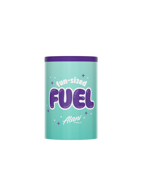 A front view of a single Alani Energy mini can with a "fun-sized FUEL" displayed.