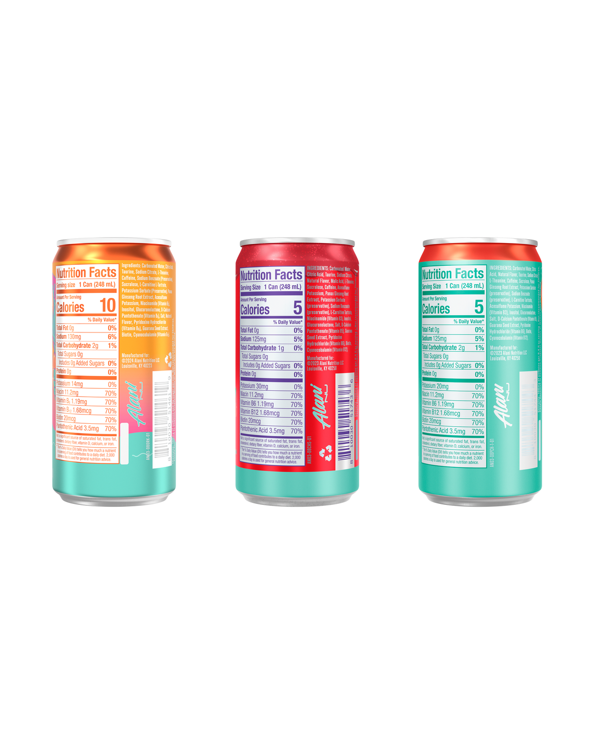 A back view of Mini Cans in flavors Orange Kiss, Cherry Slush and Juicy Peach showcasing nutrition facts.