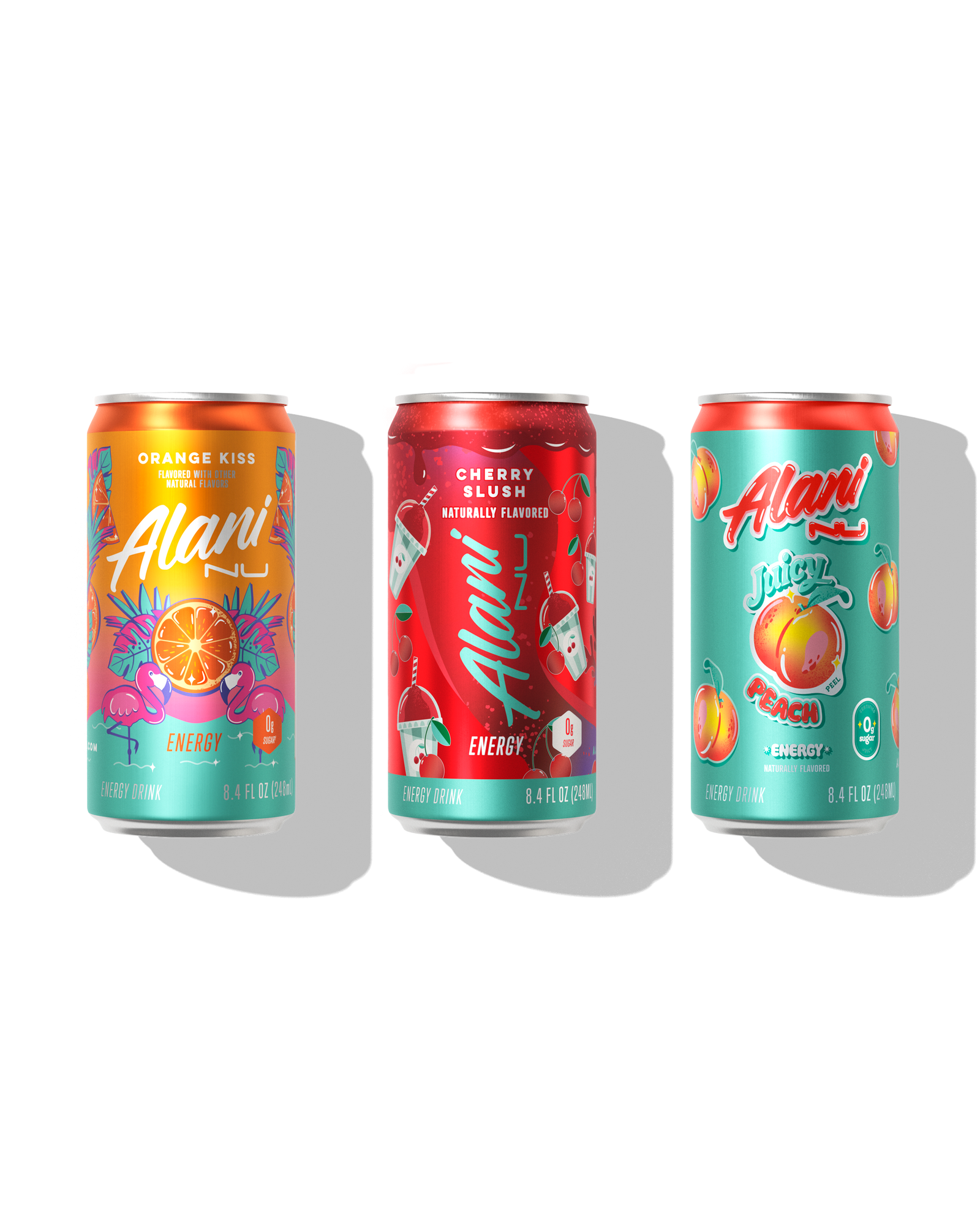 A front view of Mini Cans in flavors Orange Kiss, Cherry Slush and Juicy Peach.
