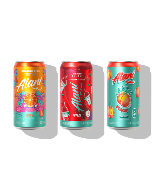 A front view of Mini Cans in flavors Orange Kiss, Cherry Slush and Juicy Peach.