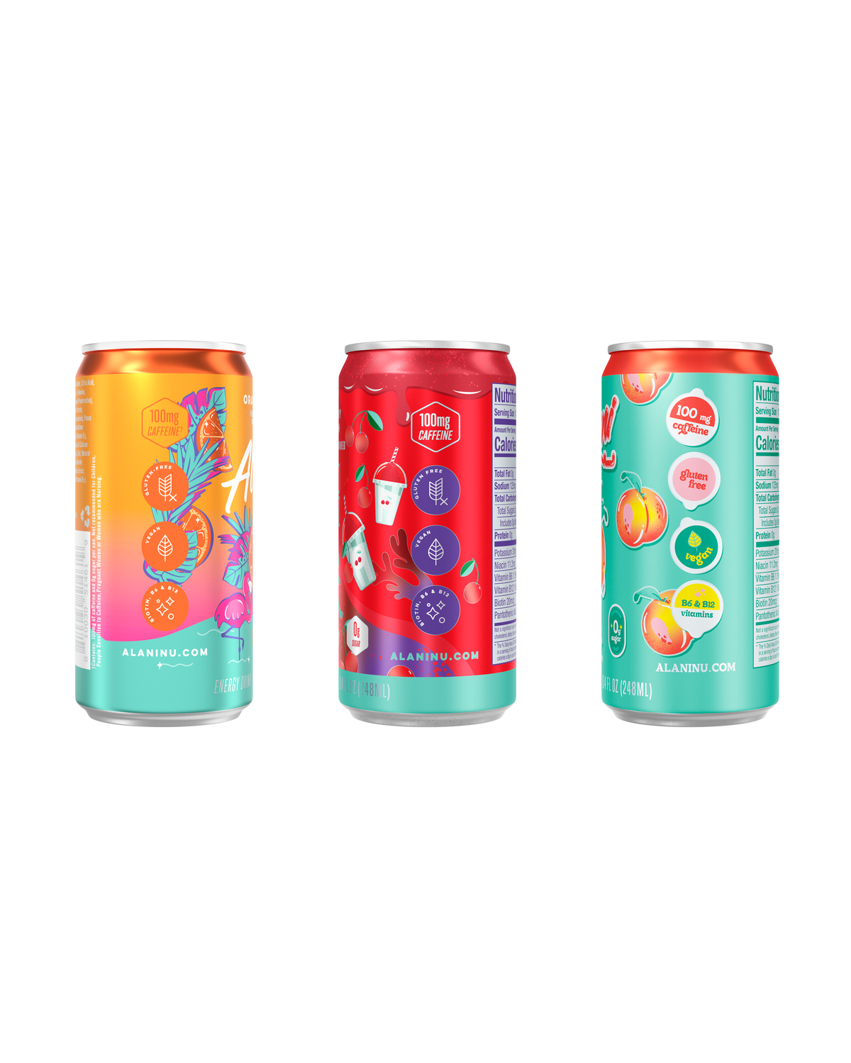 A side view of Mini Cans in flavors Orange Kiss, Cherry Slush and Juicy Peach.