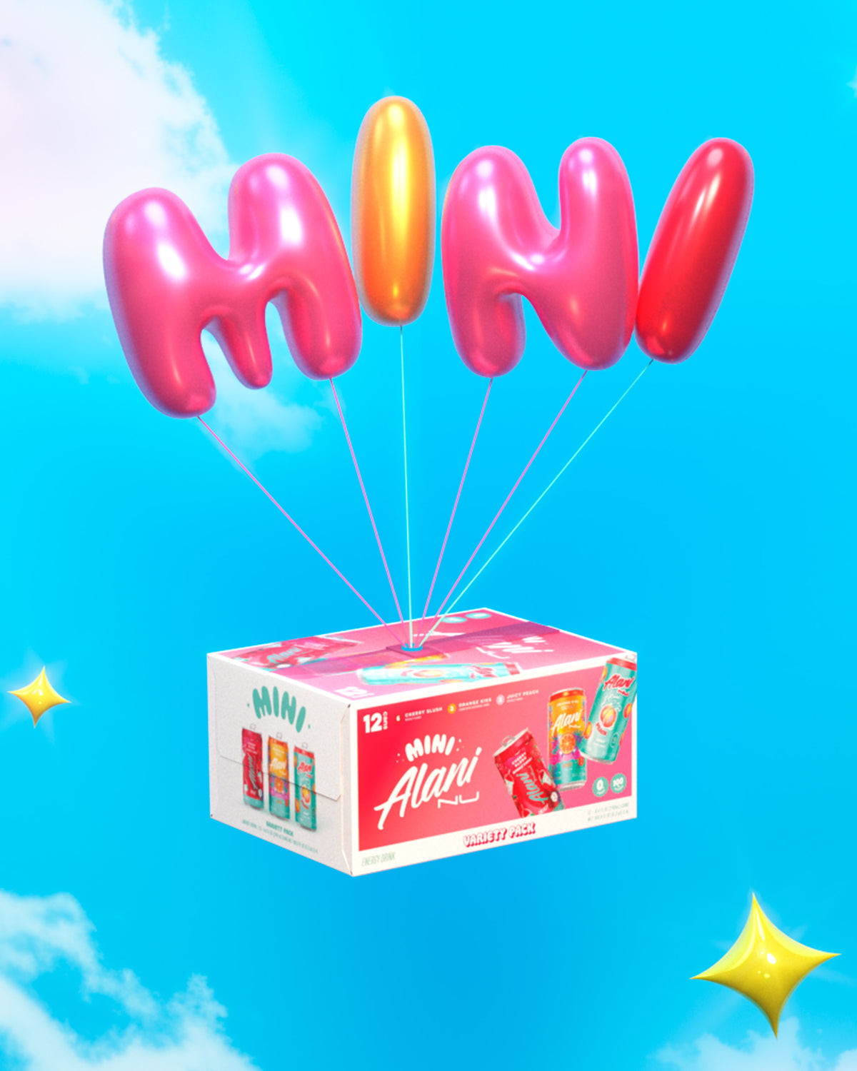 A whimsical and playful image featuring a variety pack of Alani Energy drink mini cans. The box is floating in the sky, supported by colorful balloon letters that spell out &quot;MINI.&quot; The balloons are in shades of pink and gold, adding to the festive atmosphere. 