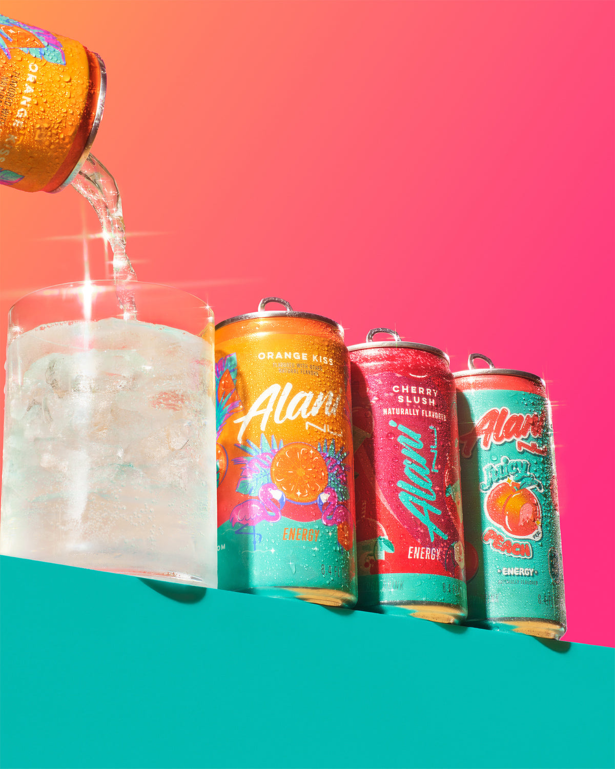 A mini can of Orange Kiss flavor is being poured into a clear glass with ice, showcasing the effervescent beverage. The visible flavors include Orange Kiss, Cherry Slush, and Juicy Peach, all featuring lively and colorful designs that resonate with a fun and youthful vibe.