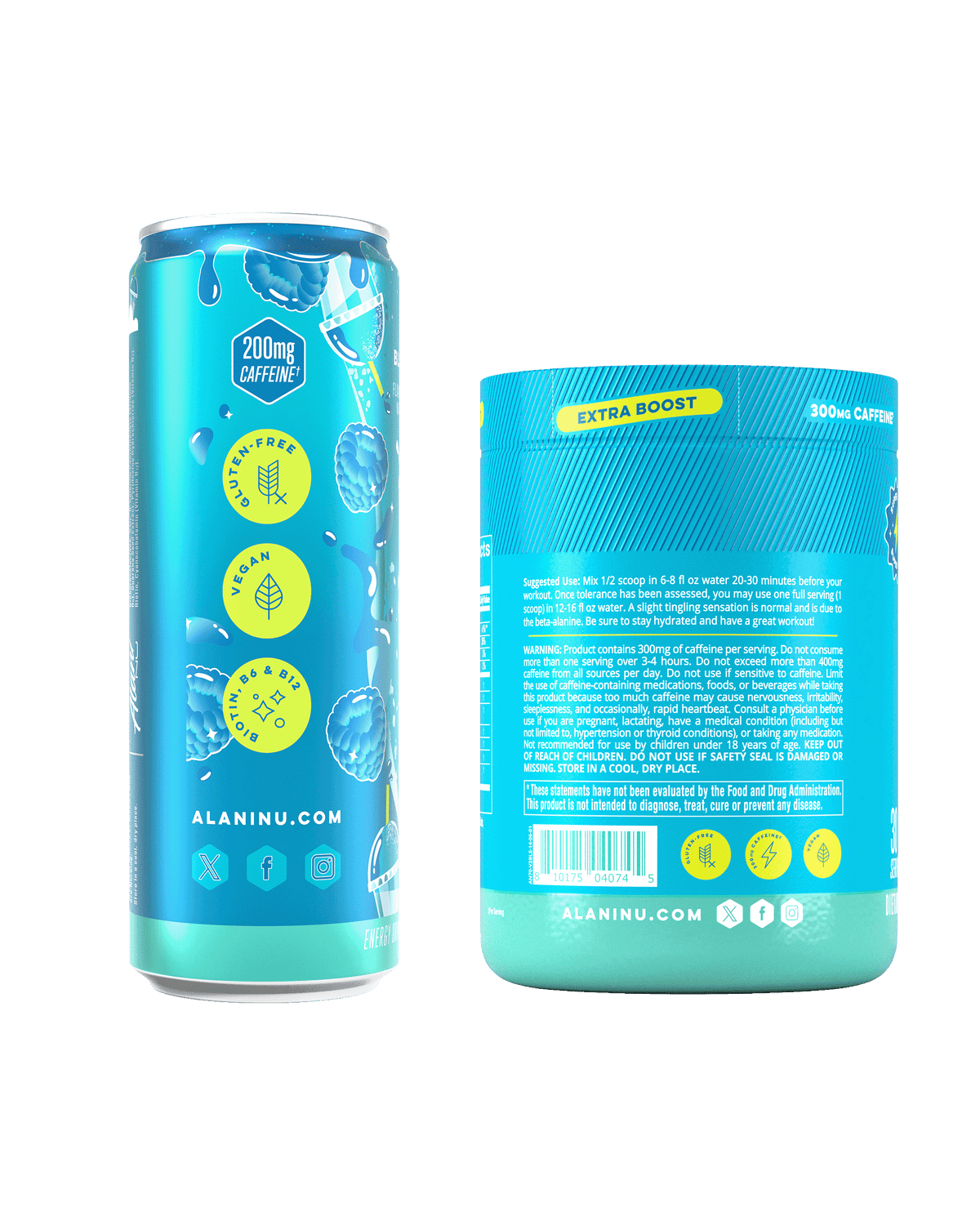 The side views of two Blue Slush products—an Energy Drink 12-Pack and a 30-Serve tub of Pre-Workout+. 