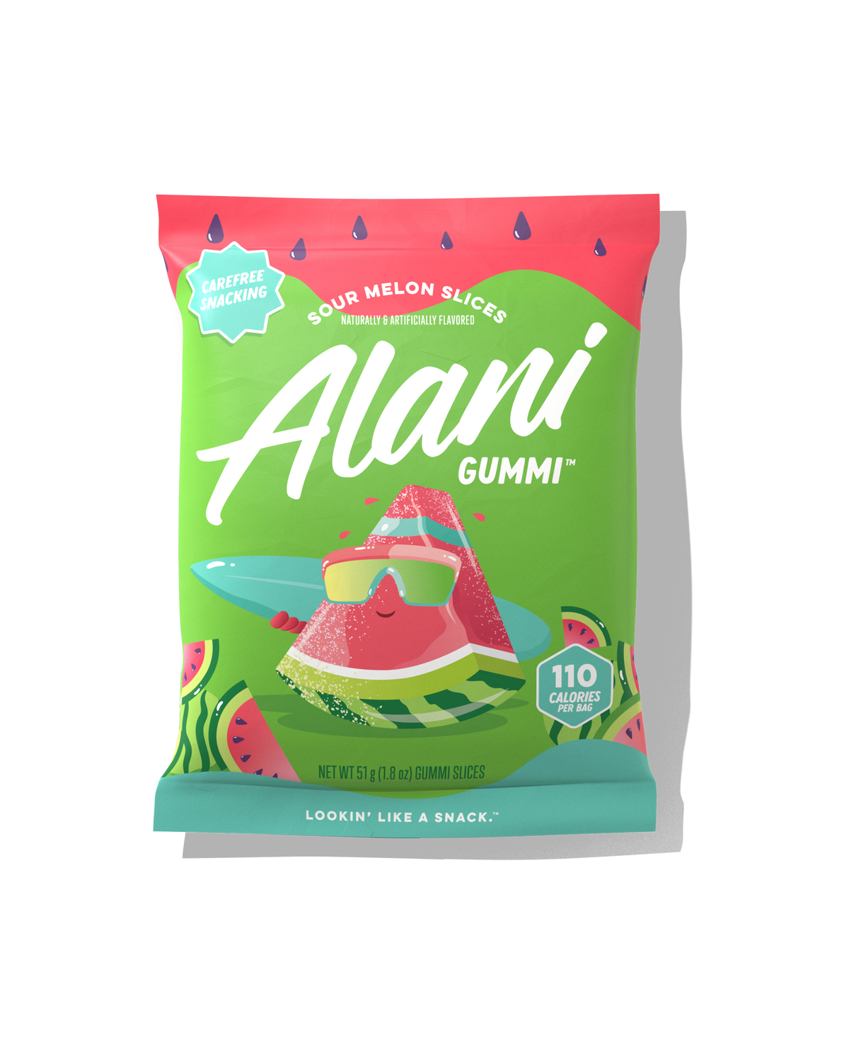 The front view of an Alani Gummi Sour Melon Slices pouch, made for carefree snacking. 