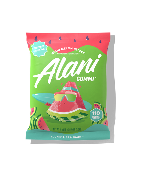 The front view of an Alani Gummi Sour Melon Slices pouch, made for carefree snacking. 