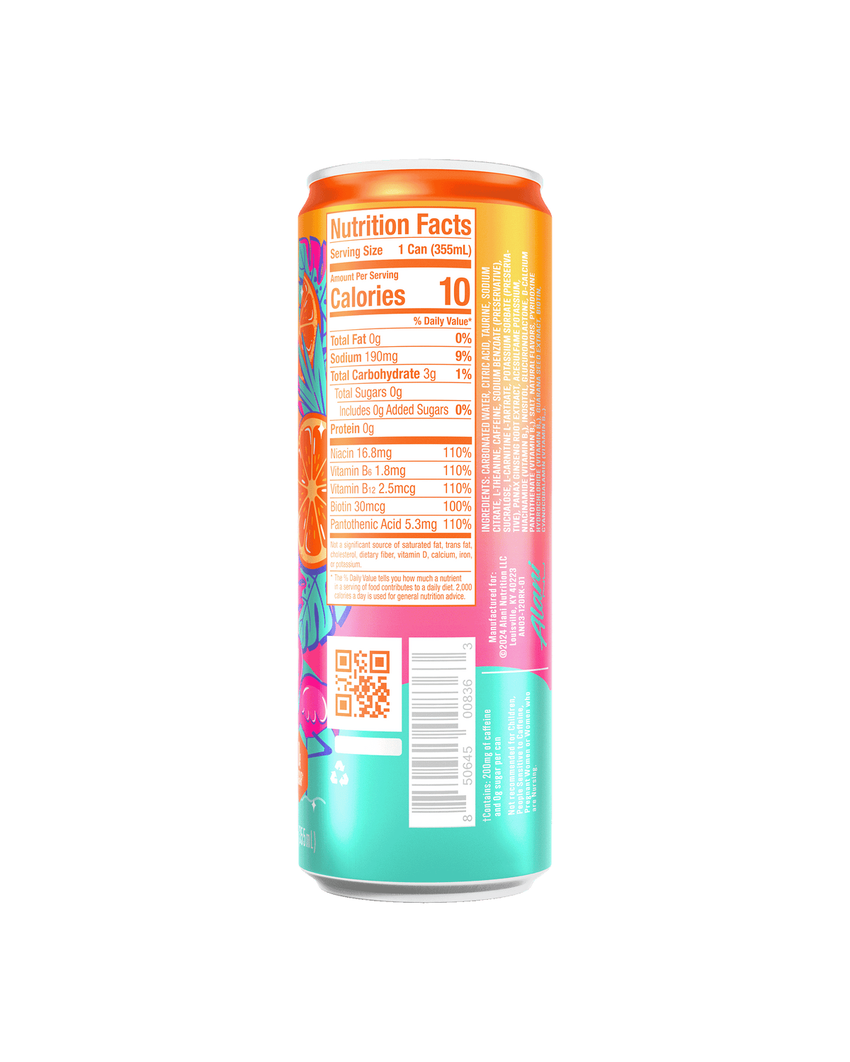 The back view of an Alani Nu Orange Kiss Energy Drink can, highlighting nutrition facts. 