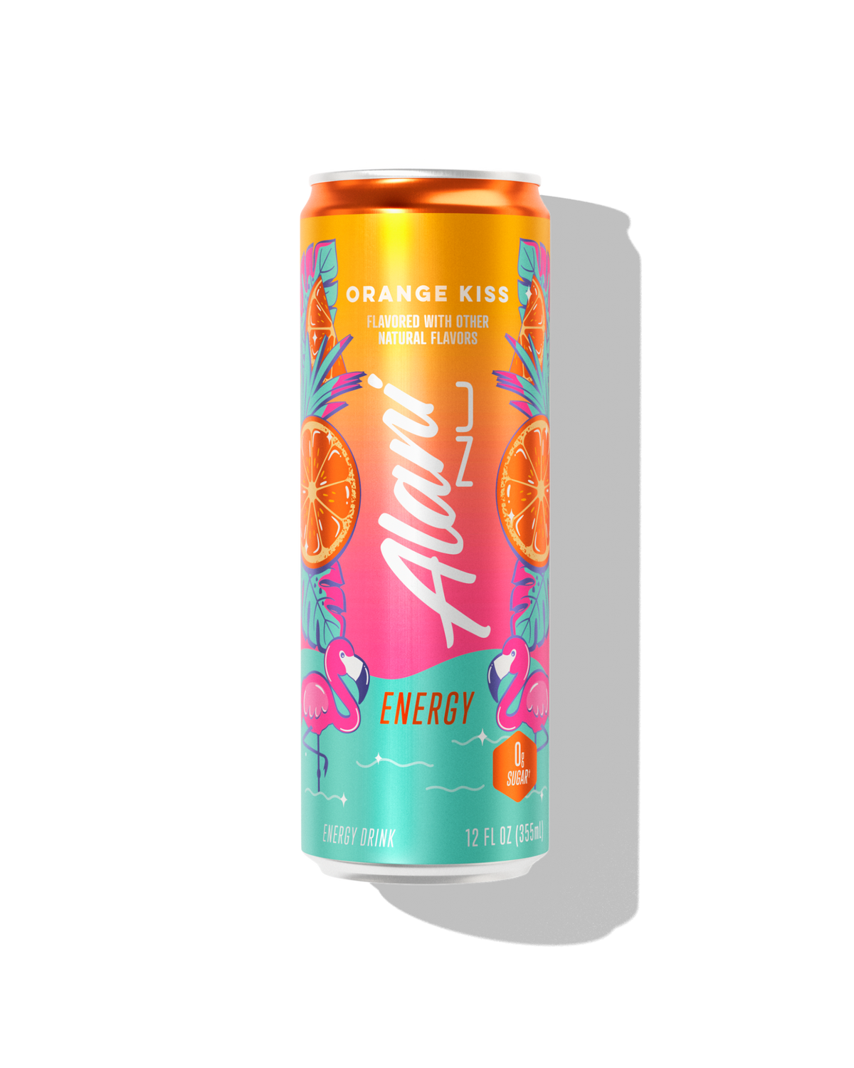 The front view of an Alani Nu Orange Kiss Energy Drink can, made with zero sugar. 
