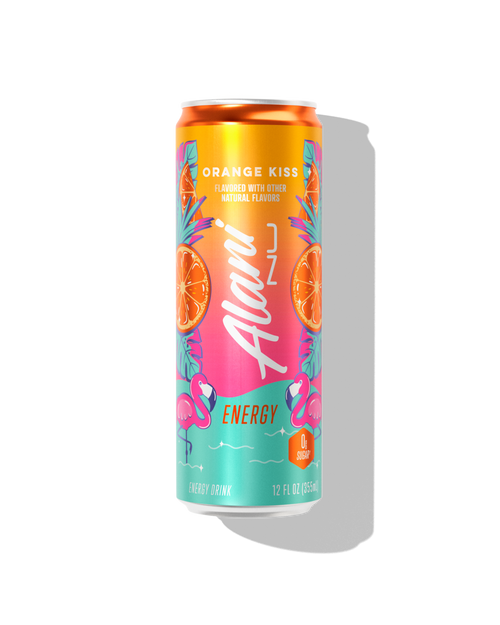 The front view of an Alani Nu Orange Kiss Energy Drink can, made with zero sugar. 