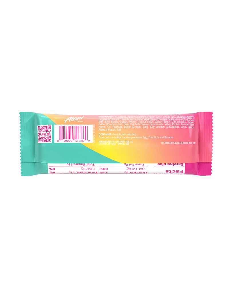 A back view of Protein Bar in Peanut Butter & Jelly flavor highlighting nutrtion facts. 