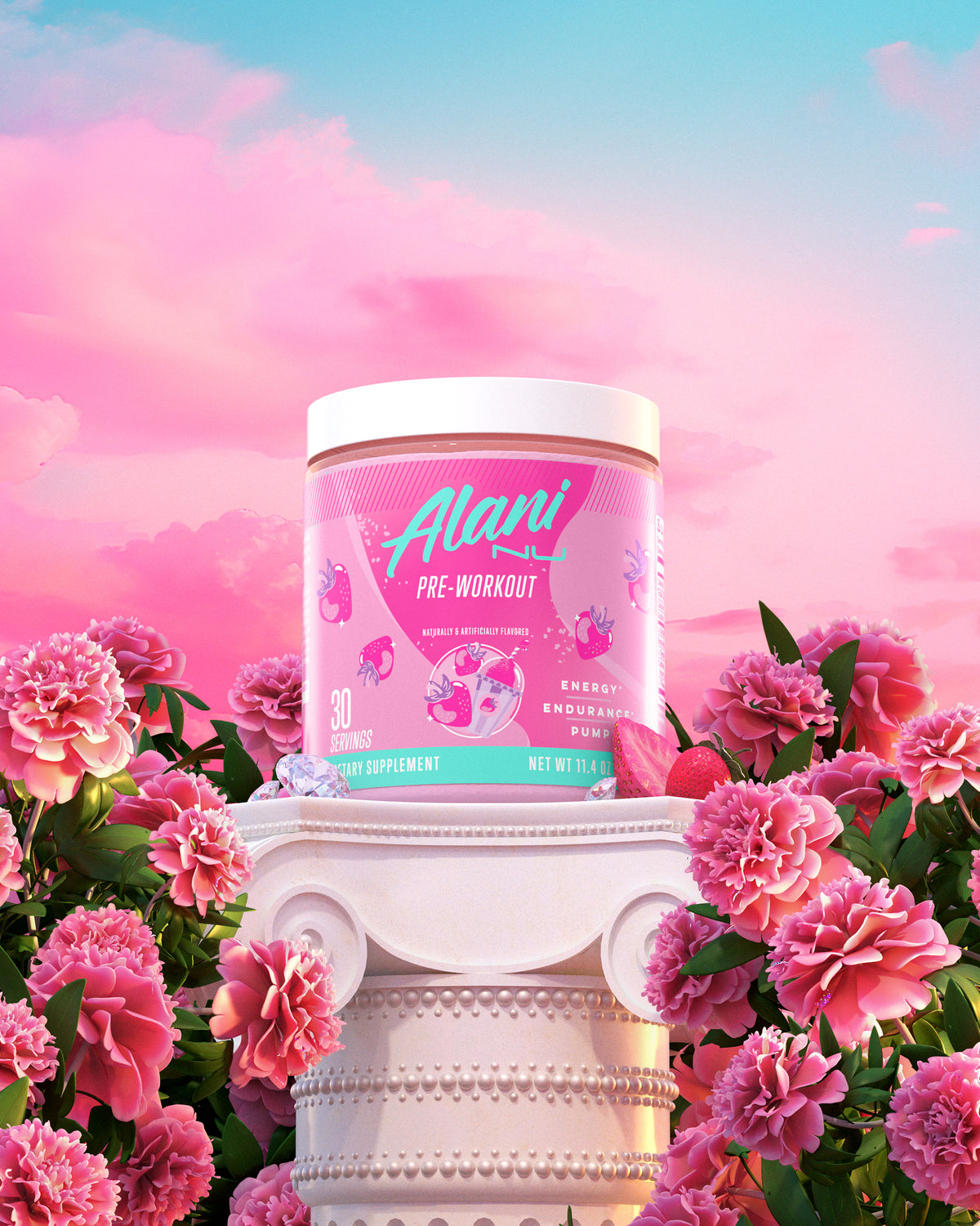 A tub of Alani Nu Pink Slush Pre-Workout atop a pearl white pedestal 	surrounded by pink peony blooms, strawberries, and diamonds.  