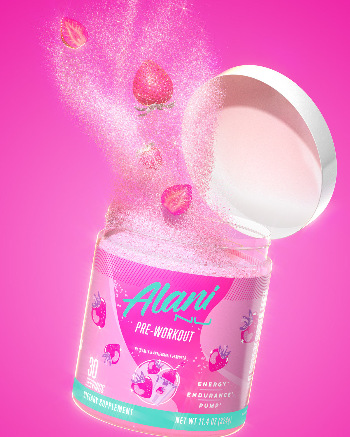An open tub of Alani Nu Pink Slush Pre-Workout in midair as sparkling 	Pre-Workout, strawberries fly out of the tub.  