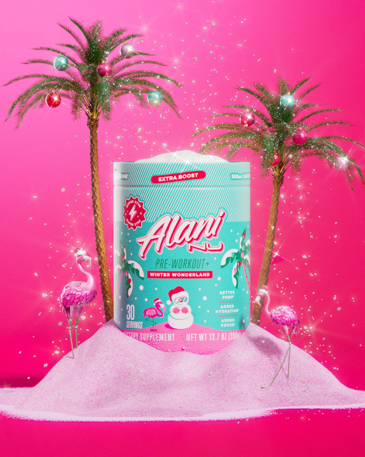 A tub of extra-boost Winter Wonderland Pre-Workout+ in a pile of pink powder with flamingos and festive palms. More powder falls like snow.