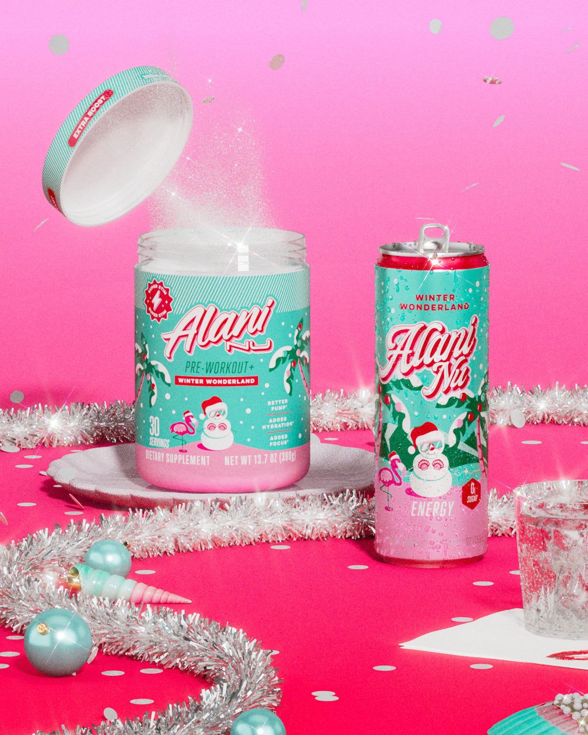 Alani Nu’s seasonal Energy Drink and Pre-Workout+—a spray of powder magically uncapping its lid. The joyful mess of a holiday party fills the frame.