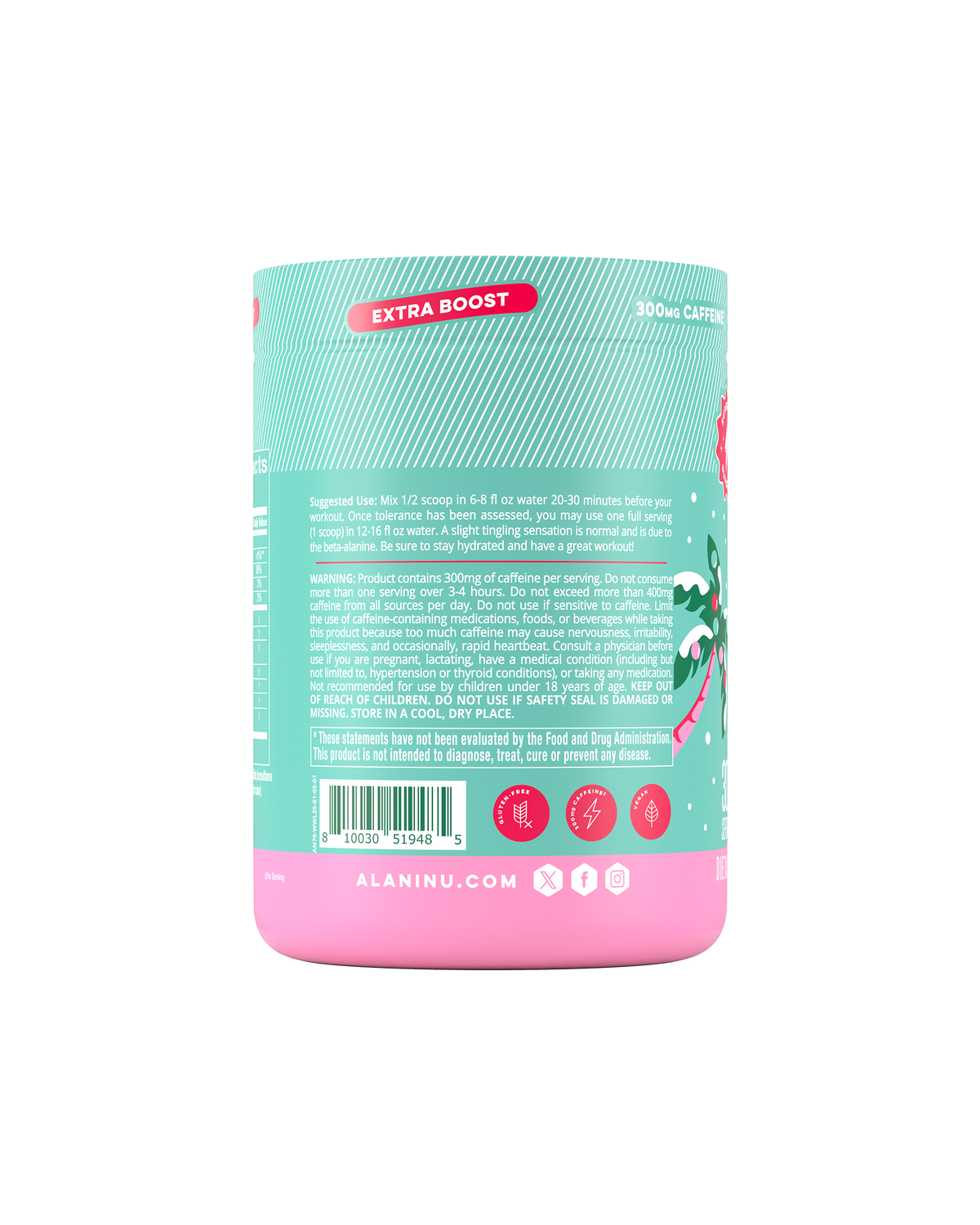 The back view of a 40-calorie, super-stim Winter Wonderland Pre-Workout+ tub, highlighting supplement facts and ingredients.*