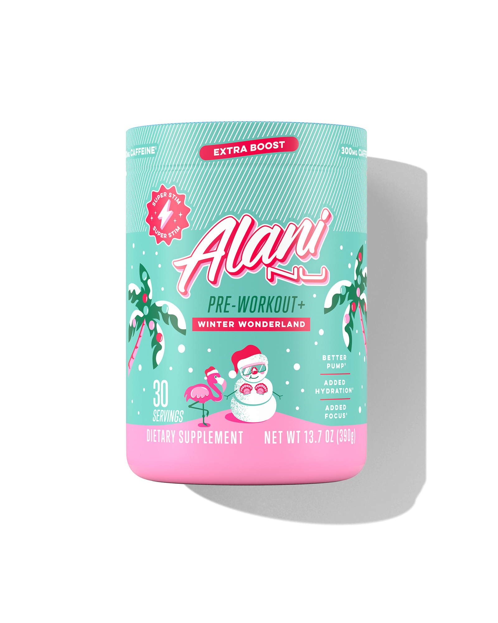 The front view of a 30-serve tub of Alani Nu Winter Wonderland Pre-Workout+, flavored with other natural flavors and made to support better pump, added hydration, and added focus.*