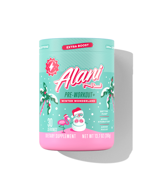 The front view of a 30-serve tub of Alani Nu Winter Wonderland Pre-Workout+, flavored with other natural flavors and made to support better pump, added hydration, and added focus.*