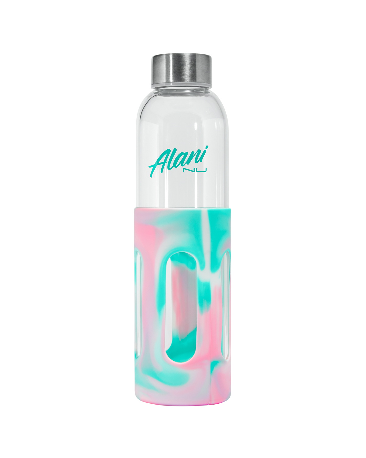An Alani nu glass water bottle in pink marble color.