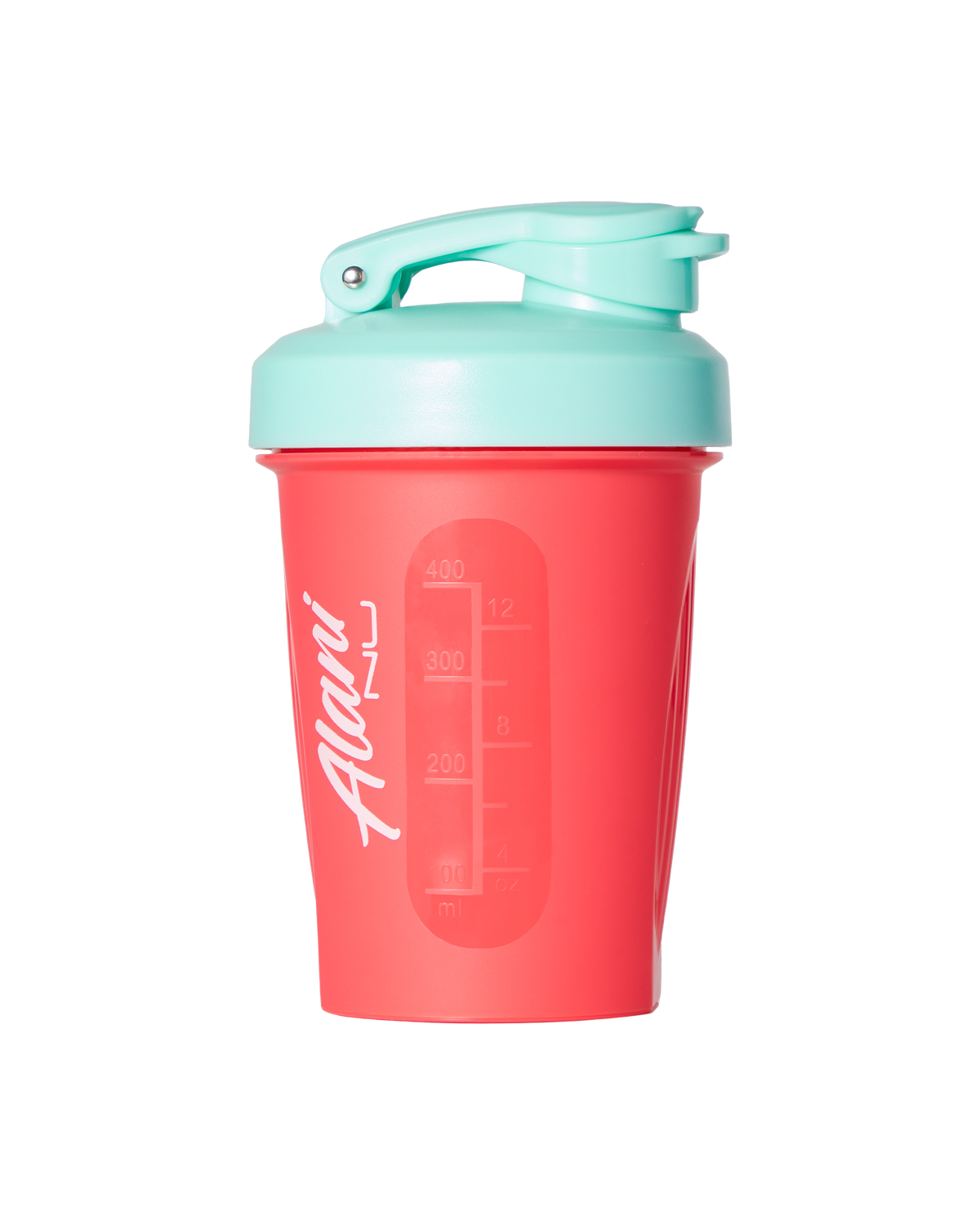 An Alani Nu 12oz Shaker in Electric Smiles with a blue lid and handle.