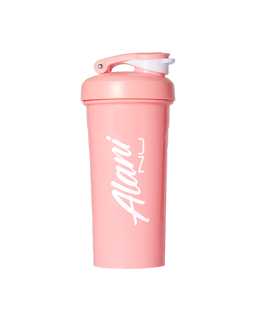 An Alani Nu Good Energy pink shaker cup with a straw in it.