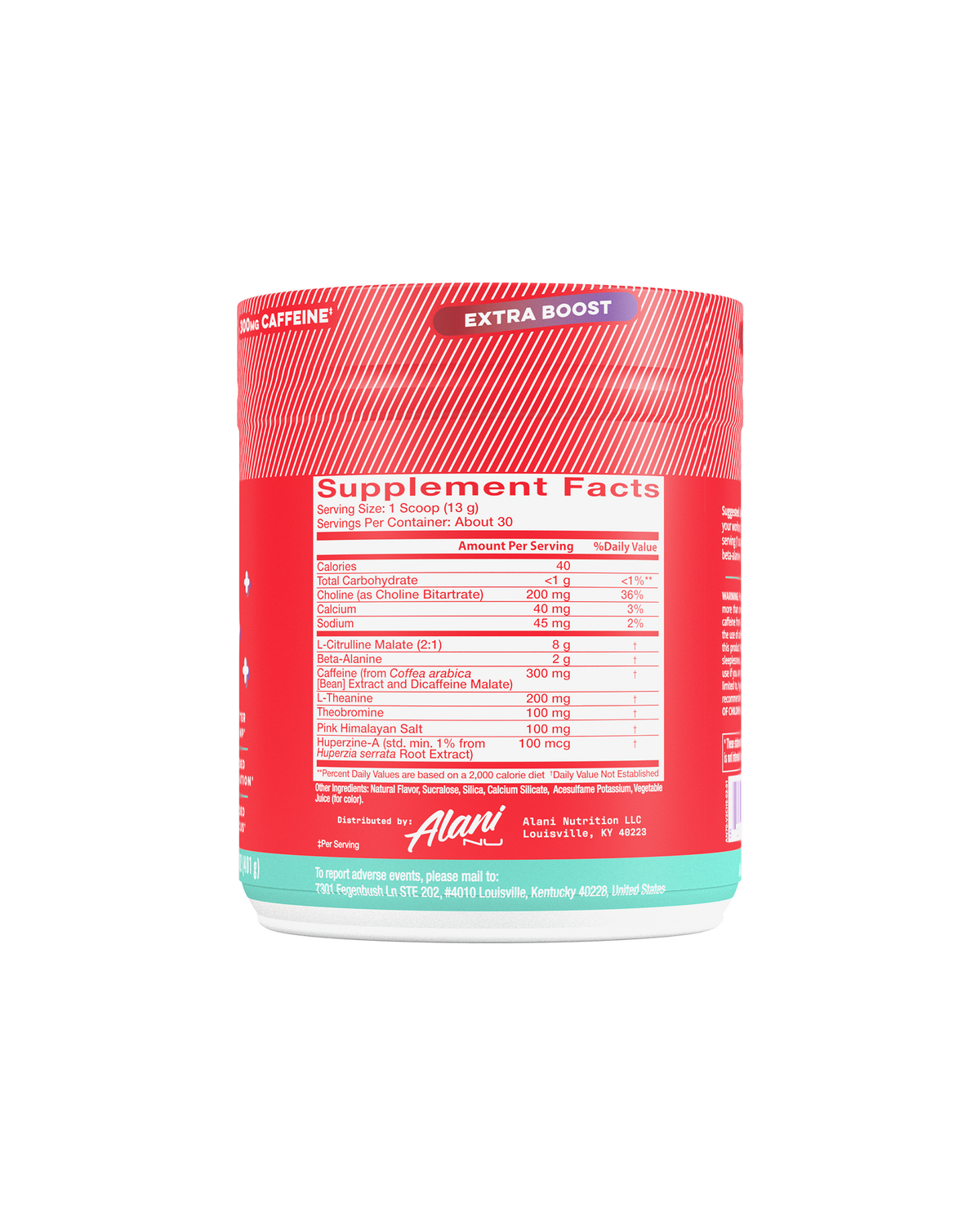 A back view of Pre-Workout+ in flavor Cherry Slush highlighting supplements facts.