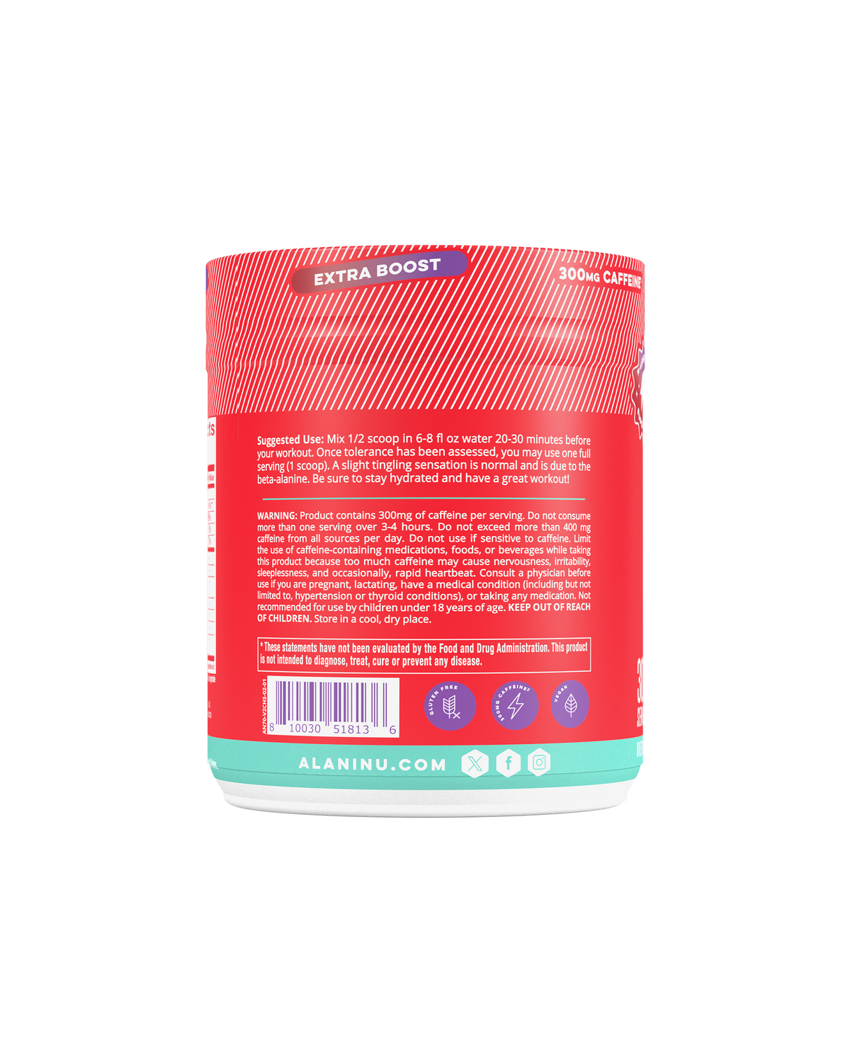 A side view of Pre-Workout+ in flavor Cherry Slush showcasing suggested use of product. 