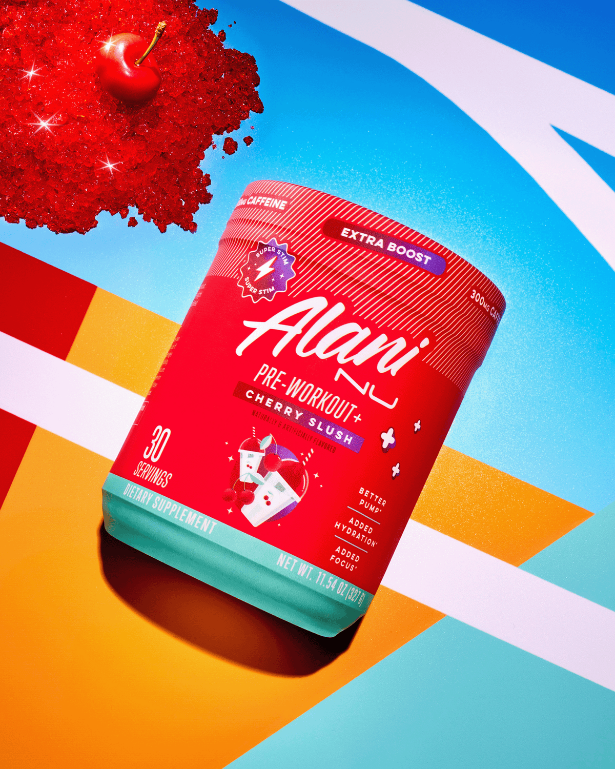 A Pre-workout+ in Cherry Slush flavor displayed next to a cherry.