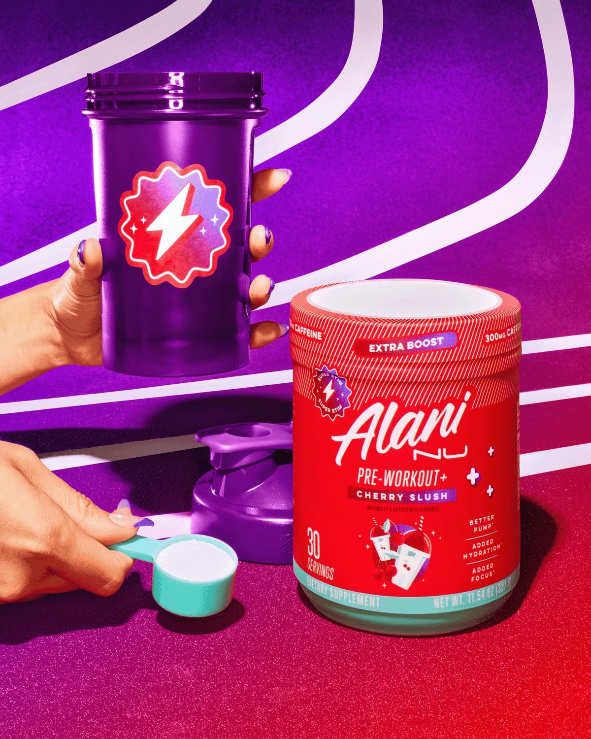 A Pre-workout + in Cherry Slush flavor displayed next to a purple shaker. 