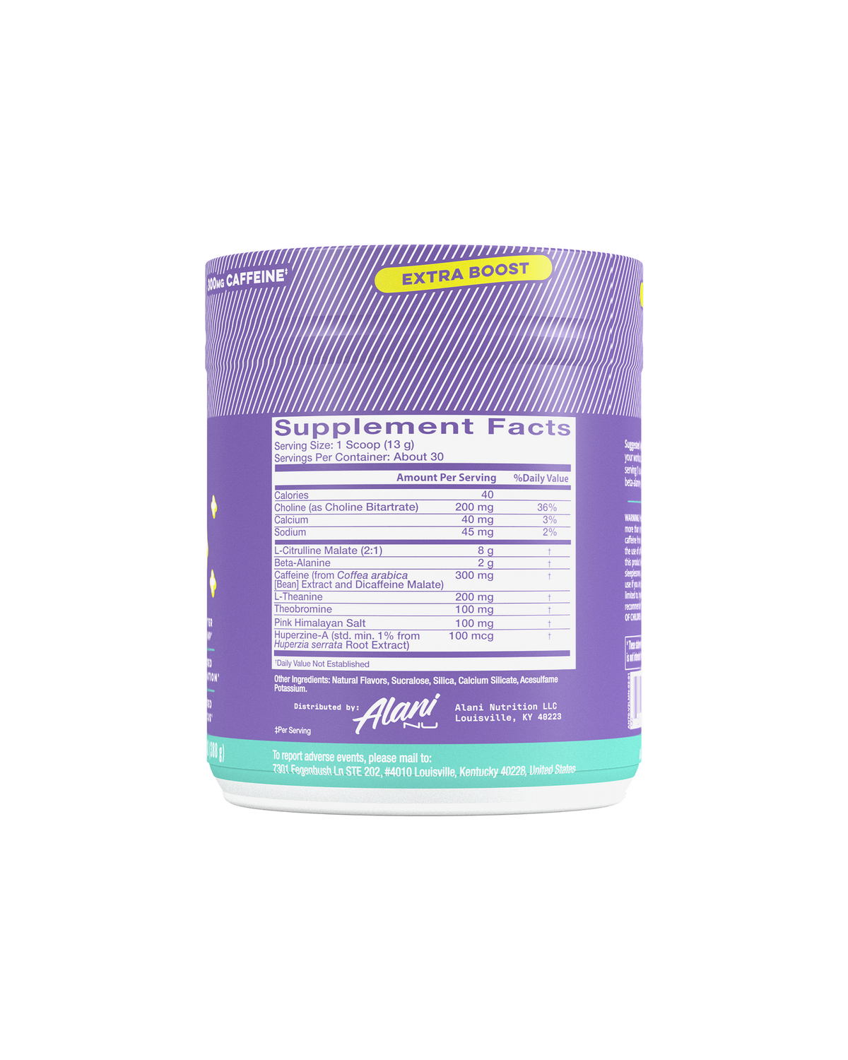 A back render of Pre-workout + in flavor Frozen Lemonade highlighting supplement facts. 