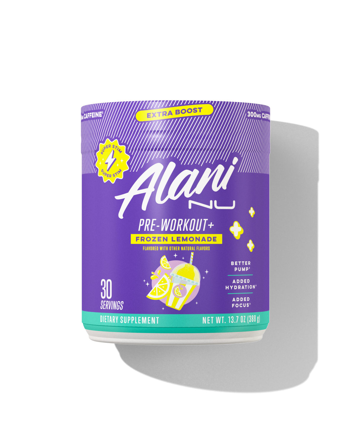 A front view of Pre-Workout + in flavor Frozen Lemonade.