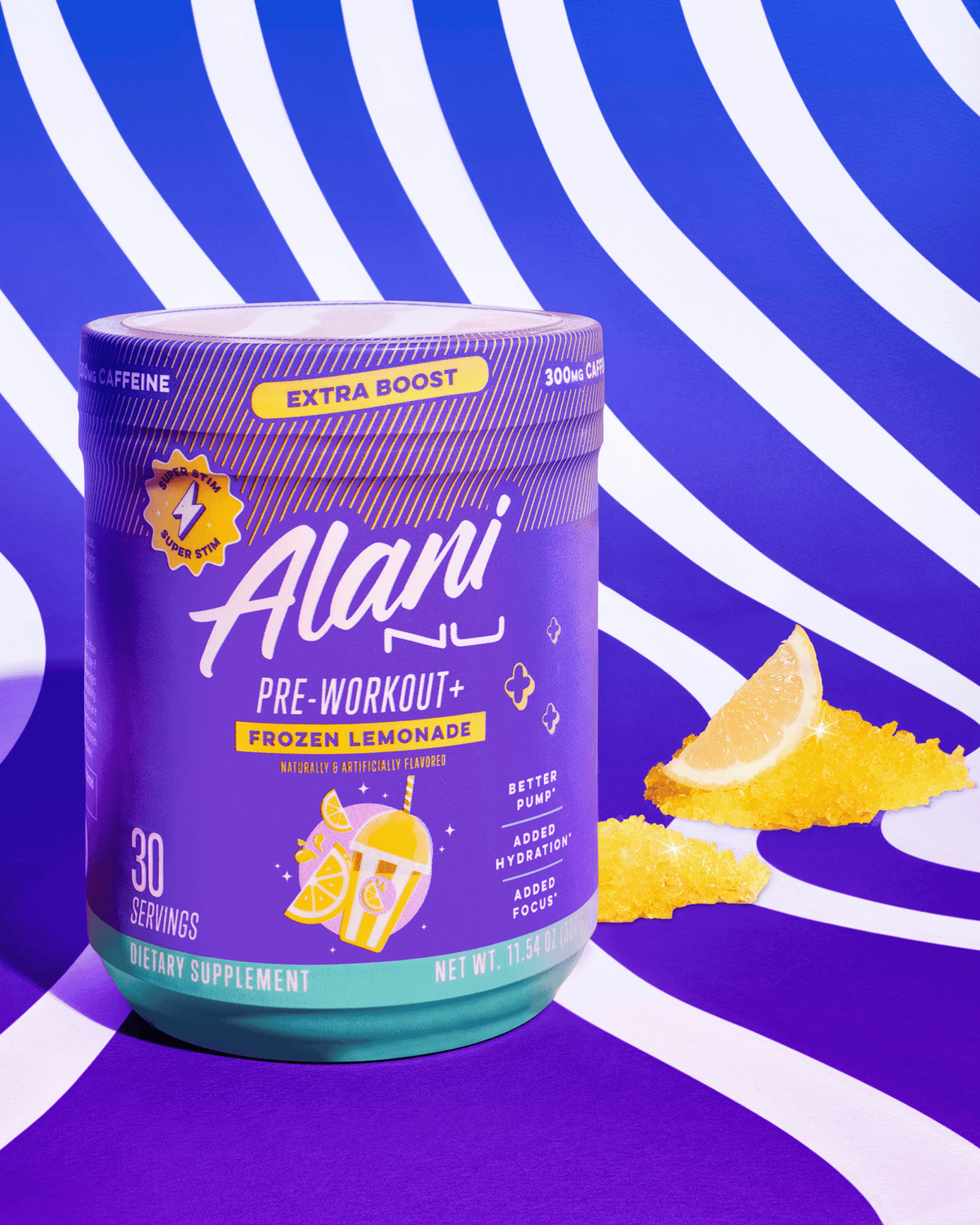 A Pre-workout + in Frozen Lemonade flavor next to a pile of lemon slice. 