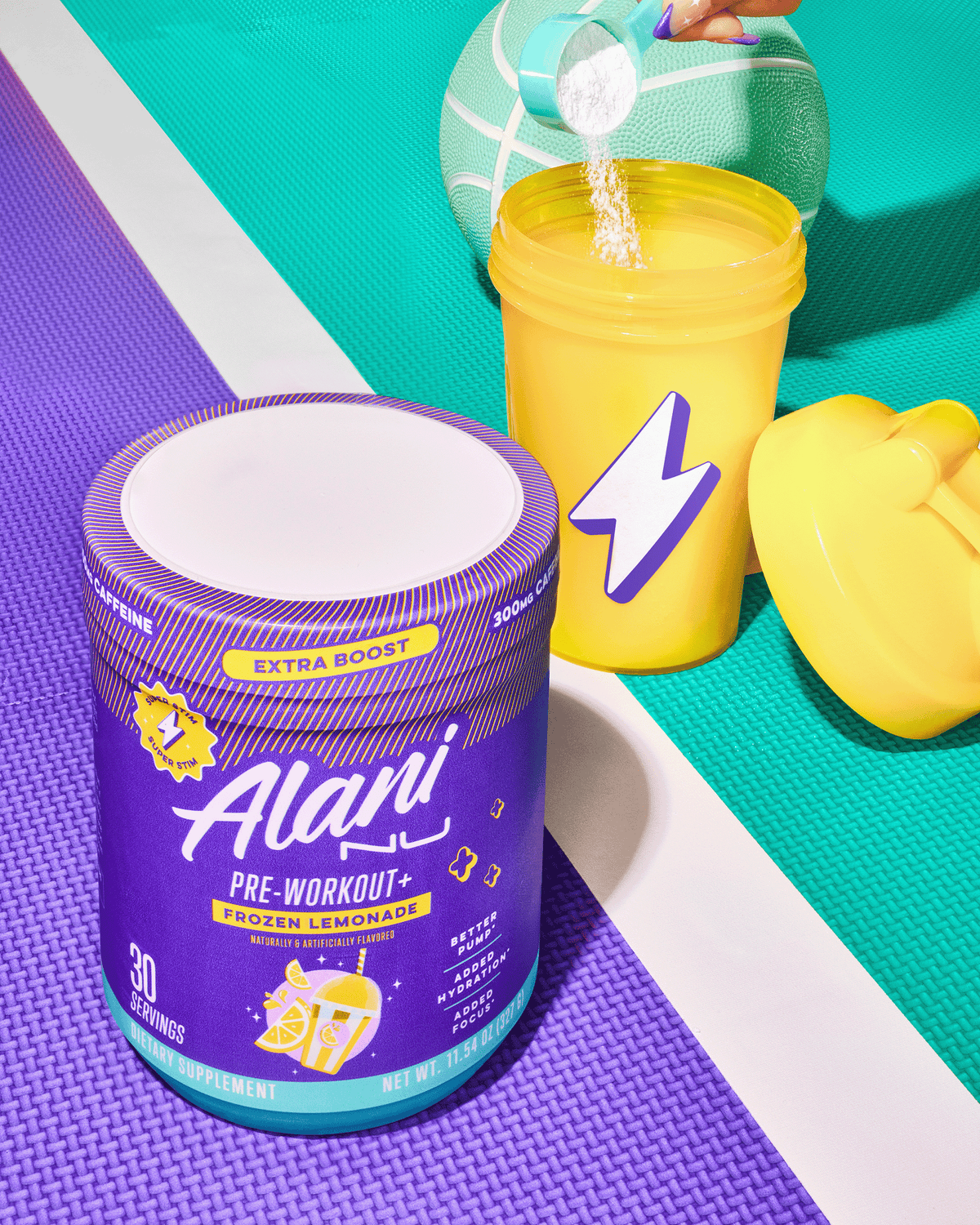 A Pre-workout + in flavor Frozen Lemonade next to a yellow shaker. 