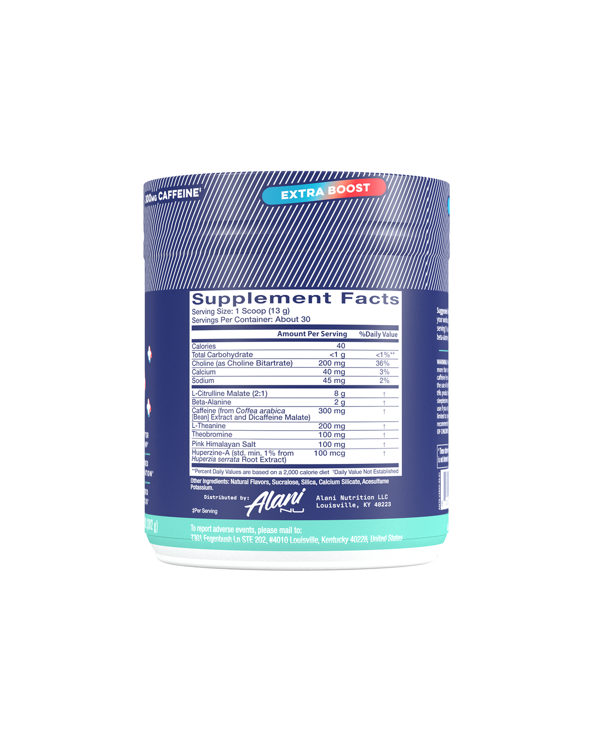 A back view of Pre-workout + in flavor  Rocket Pop highlighting supplement facts.