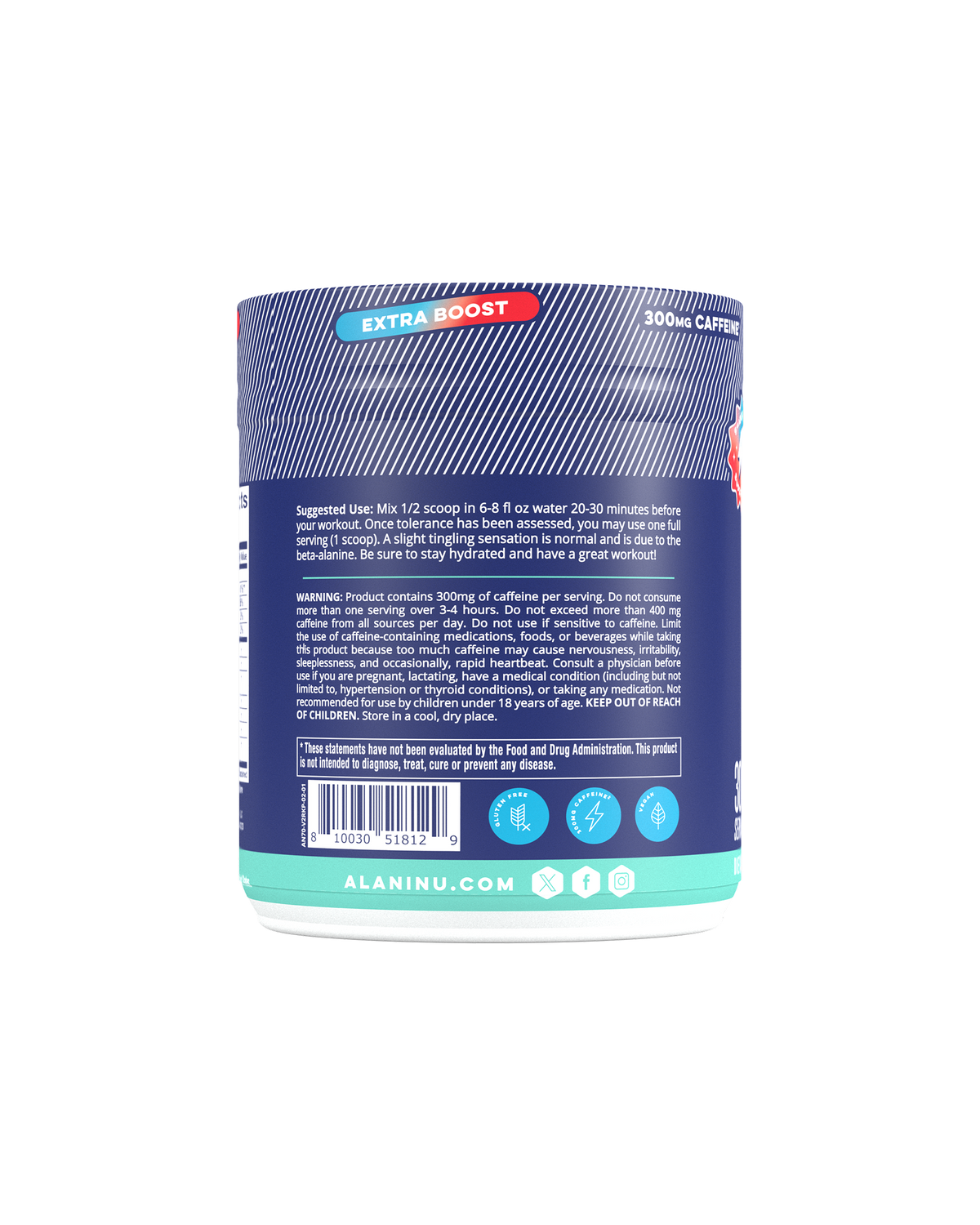 A side view of Pre-workout + in flavor Rocket Pop showcasing suggested use of product.
