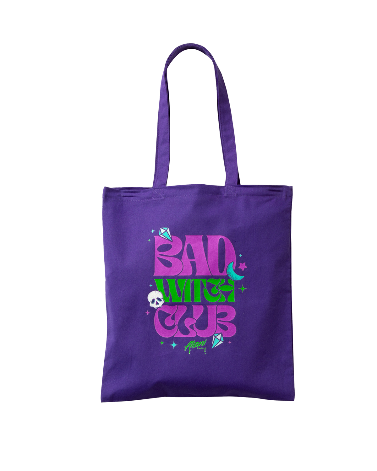 A Witch's Brew tote bag with a purple and green logo stating bad witch club.