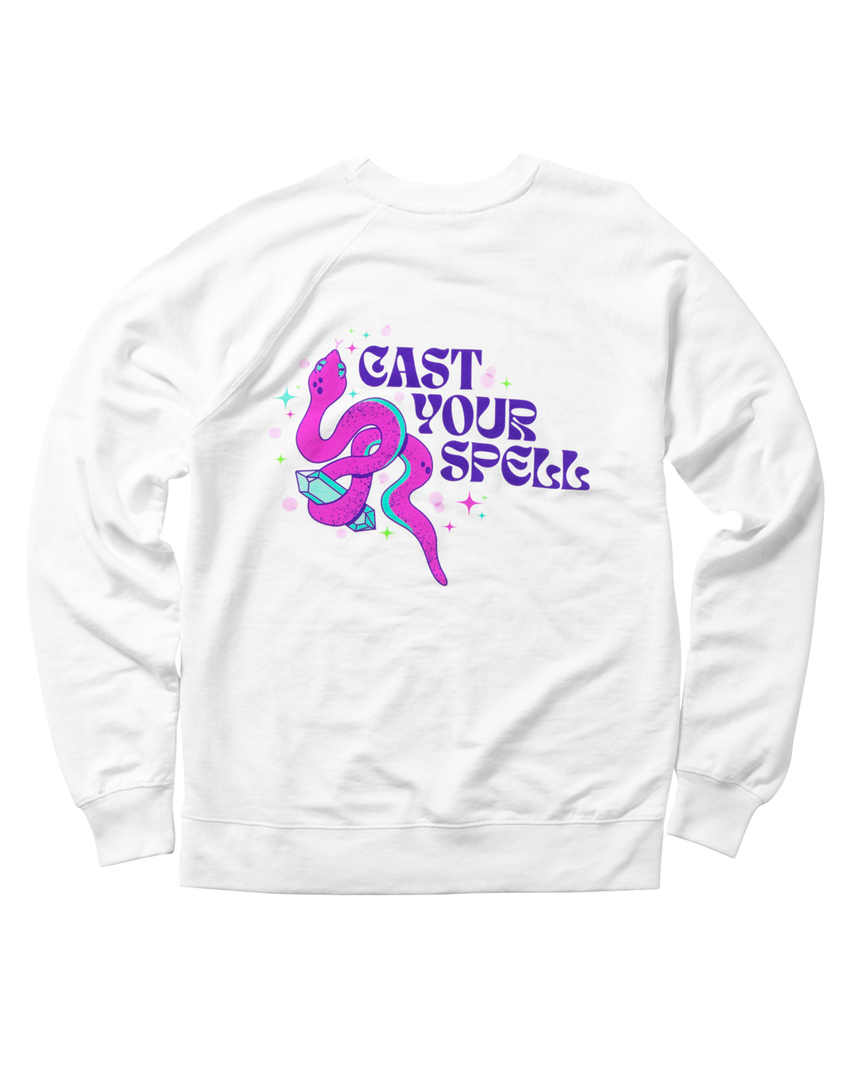 A back view Witch&#39;s Brew crewneck with a purple font stating cast your spell.  