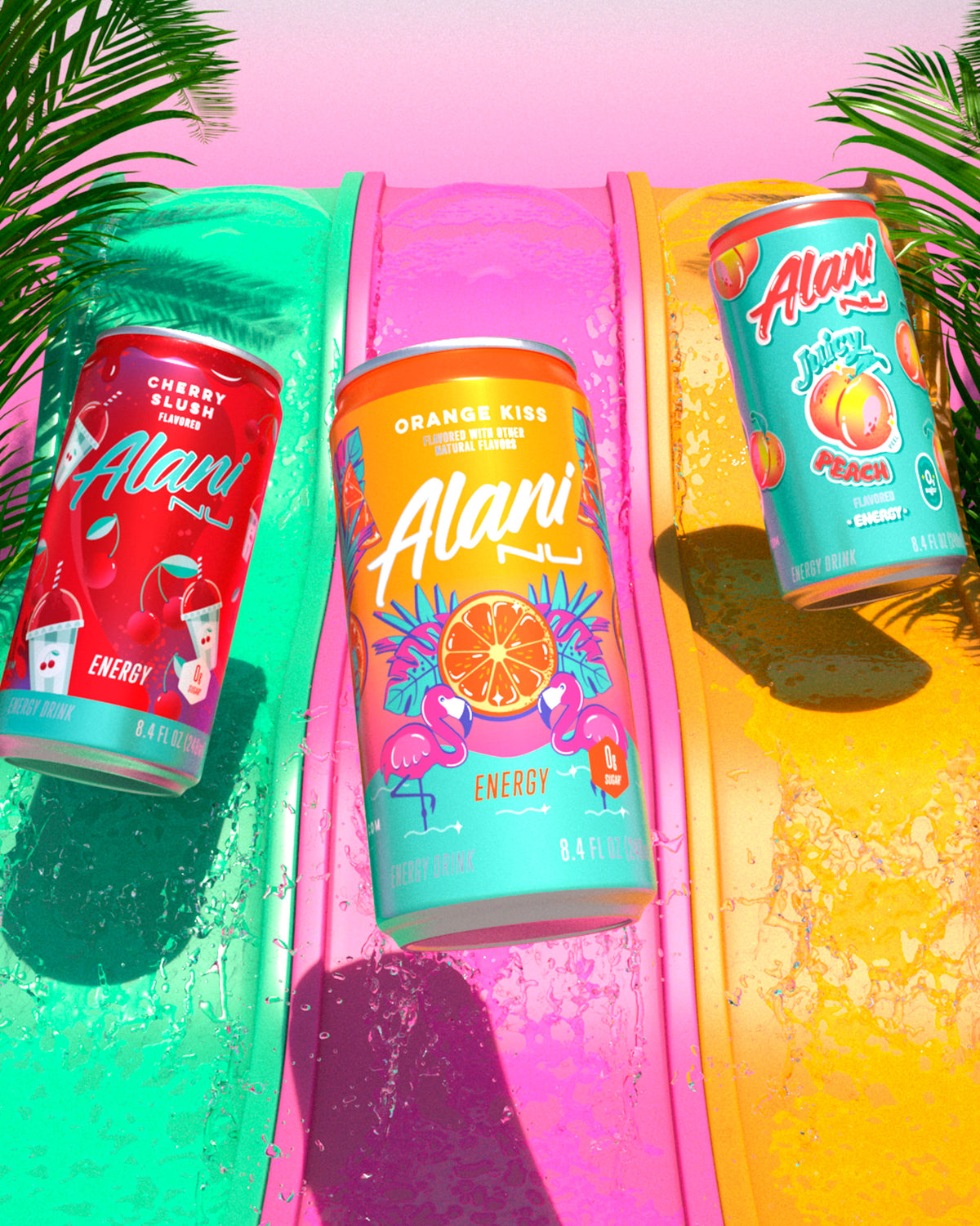 Mini Alani energy drinks,  each with vibrant and colorful designs, are placed on a wet surface with splashes of water around them. From left to right, the flavors are Cherry Slush, Orange Kiss, and Juicy Peach. 