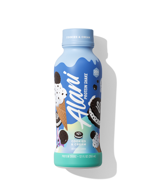 A 12 fl oz bottle of protein shake in Cookies & Cream flavor.