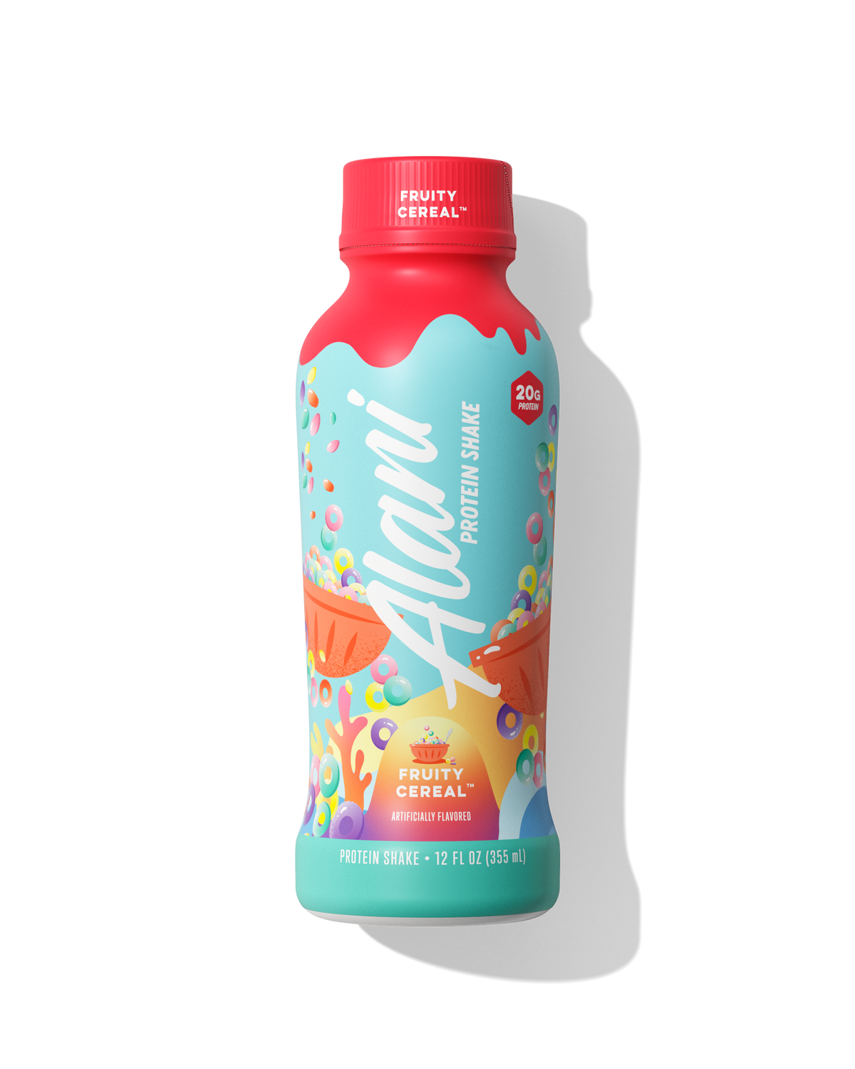 A 12 fl oz bottle of protein shake in Fruity Cereal flavor.