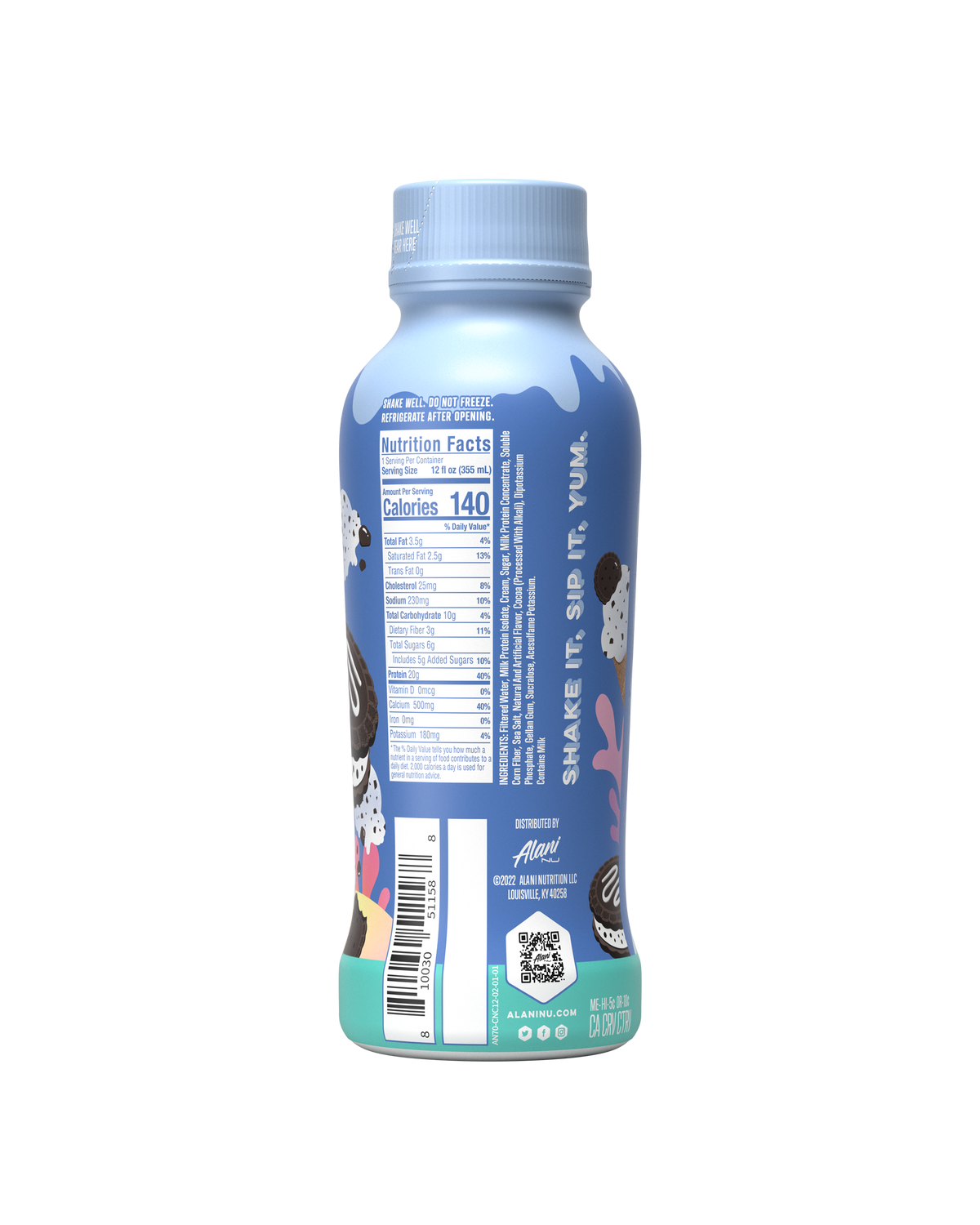 A back view of protein shake in Cookies &amp; Cream flavor showcasing nutrition facts.