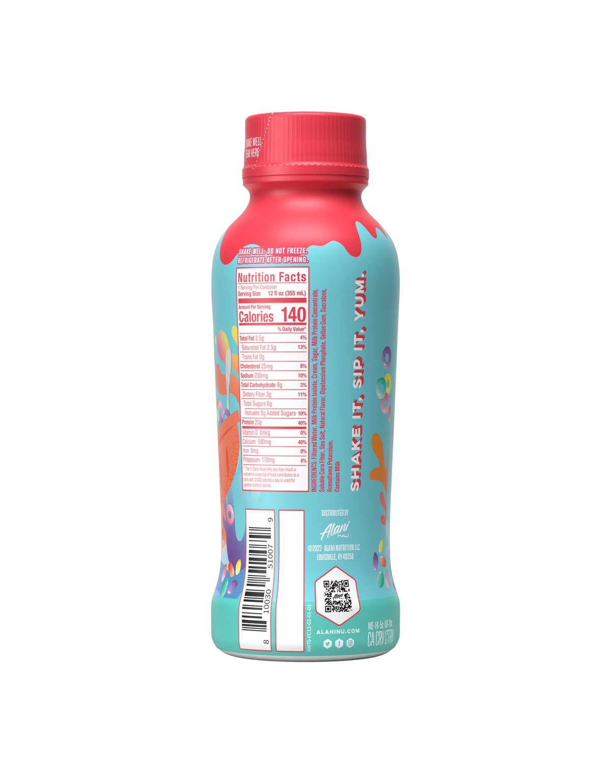 A back view of protein shake in Fruity Cereal flavor highlighting nutrition facts details. 