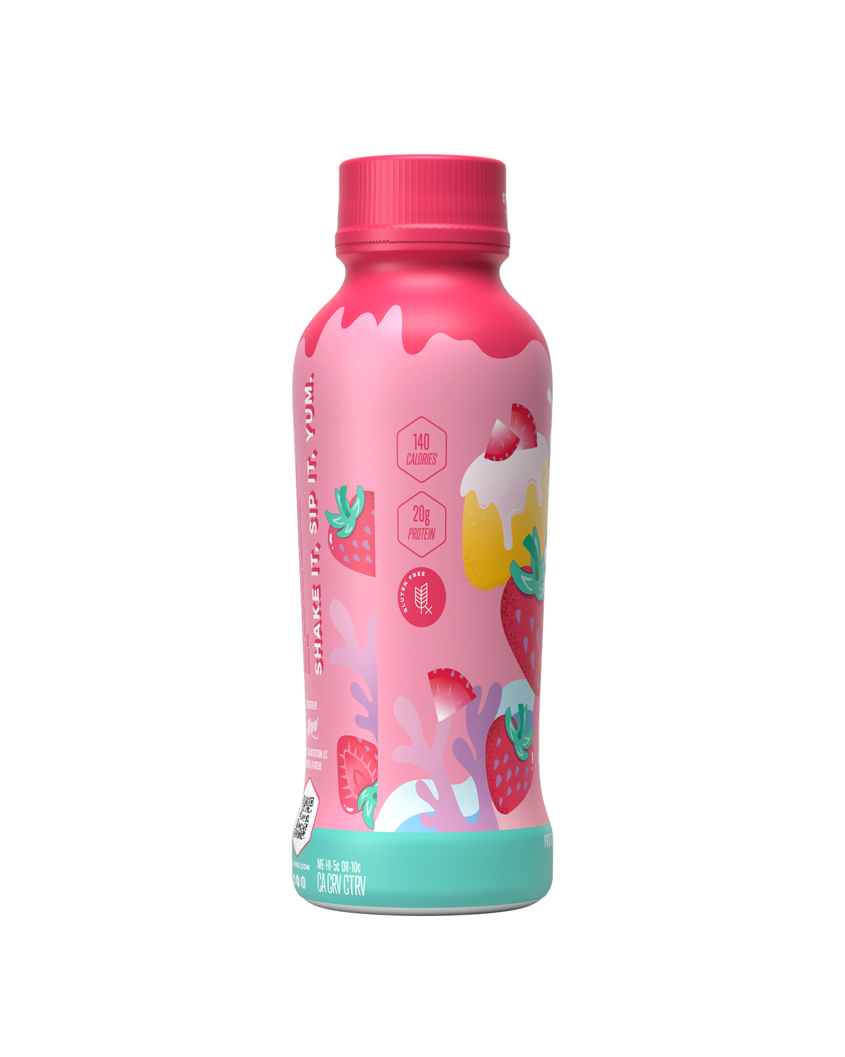 A side view of Protein Shake in Strawberry Shortcake flavor showcasing details of product.