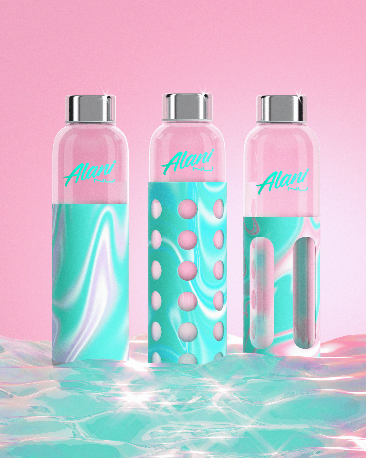 Alani nu glass water bottles in pink, purple, and blue marble colors. 