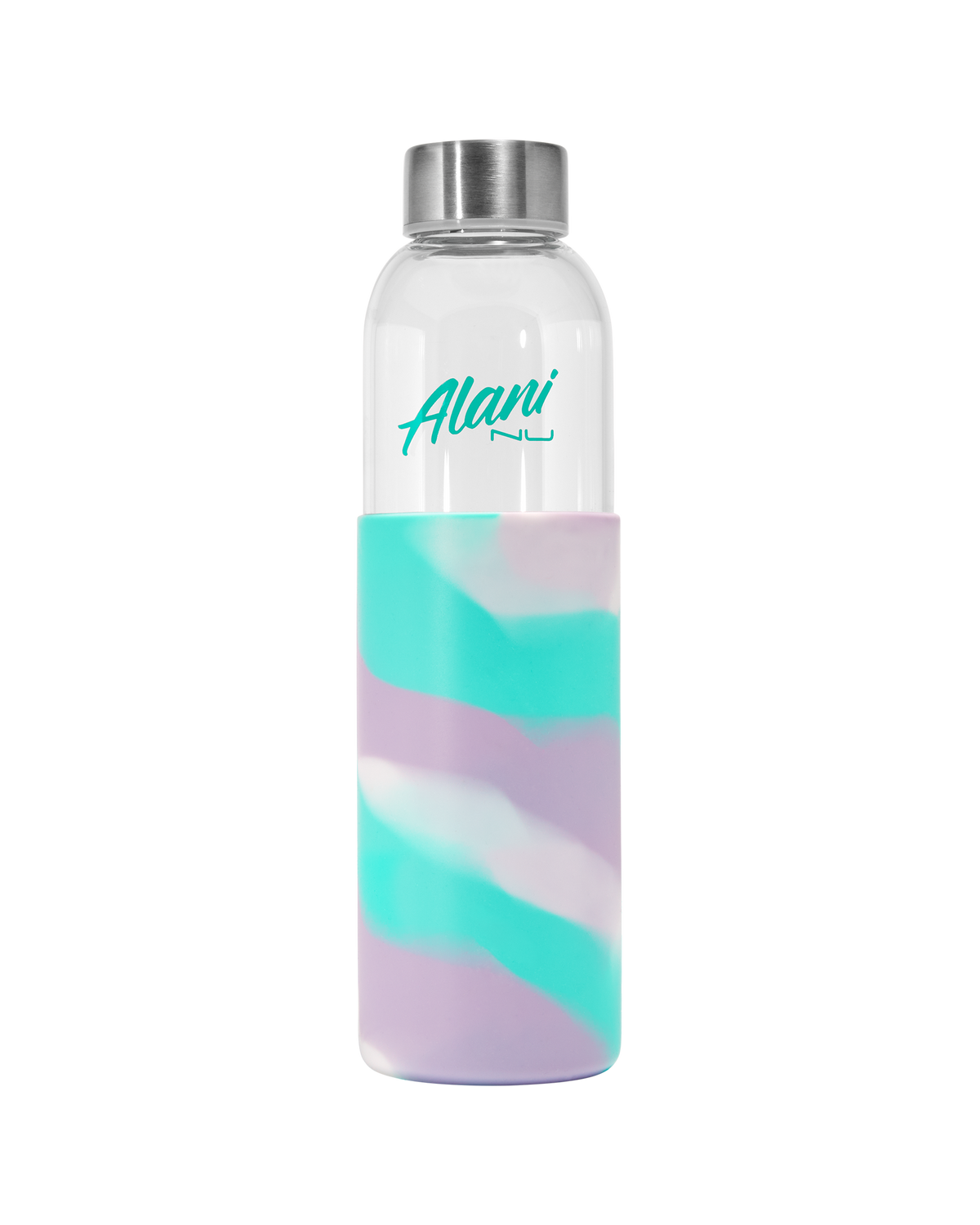 An Alani nu glass water bottle in purple marble color.