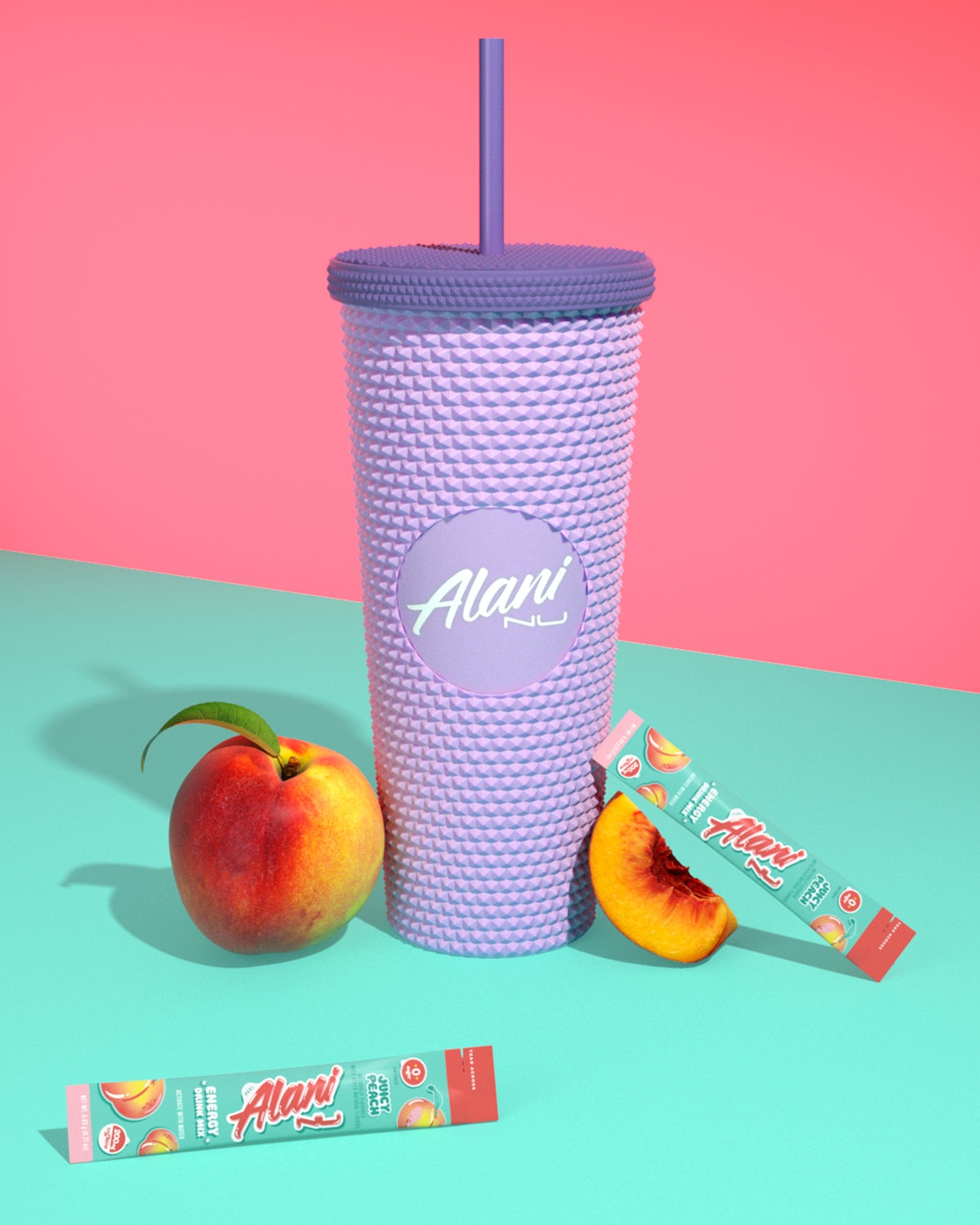 A Tumbler in Periwinkle Ombre&#39; next to Energy Sticks in Juicy Peach.