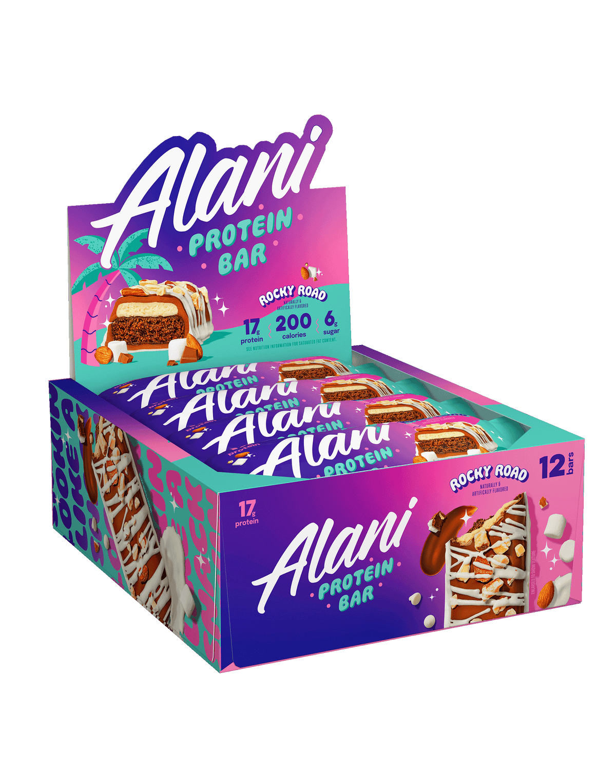 A 12-pack Protein Bar in Rocky Road flavor. 